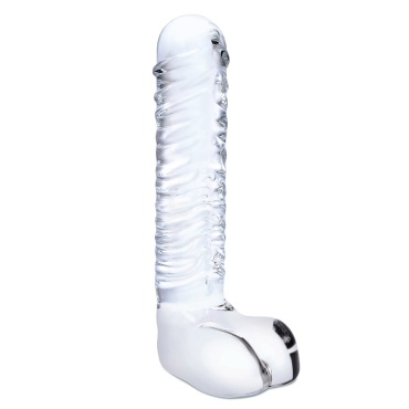 8” realistic ribbed glass g-spot dildo with balls